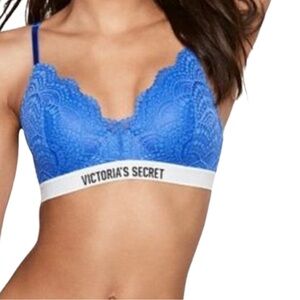 💙Victoria's Secret Logo Blue Lace Bra No Wire Lightly Padded 34C 💙